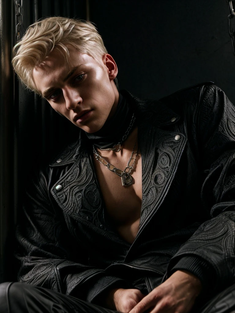 8k, cinematic lighting, bright front lighting. Professional photography of an unsung and mysterious film, bold lines, hyper detailed, dramatic lighting, (intricate details, masterpiece, best quality: 1.4) Very handsome guy, the appearance of the model sits at twilight in the corner in the corners, chains weigh chains on the walls, on the floor of the chain, the guy is poorly lit, sad face, in a black suit with a white shirt with an unbuttoned top, hair to the shoulders, on the chest and blood of the face, dark background, a gloomy prison around the chain, a little light falls on the face of a guy with gloomy lighting, the guy sits With a chain in his hands in a prison cell, a man is wrapped in a chain, (chains), inspired by Yamagata Hiro, sleeping in chains, in chains, detailed johan liebert, Mixed with Alucard, discreet, illustration, cinematic lighting, bright front lighting. Professional photo of an unsung and mysterious film, 1 boy, bangs, belt, black jacket, black trousers, blood, knitted, tied wrists, blond hair, chain, chain, shirt with collar, cuffs, cuts, formal, handcuffs, trauma, jacket, on the knees, long sleeves, looking at the viewer, men's focus, open clothes, open shirt, trousers, split lips, red eyes, shirt, medium length hair, solo, suit, torn clothes, torn shirt, white shirt, BLACK JACKE