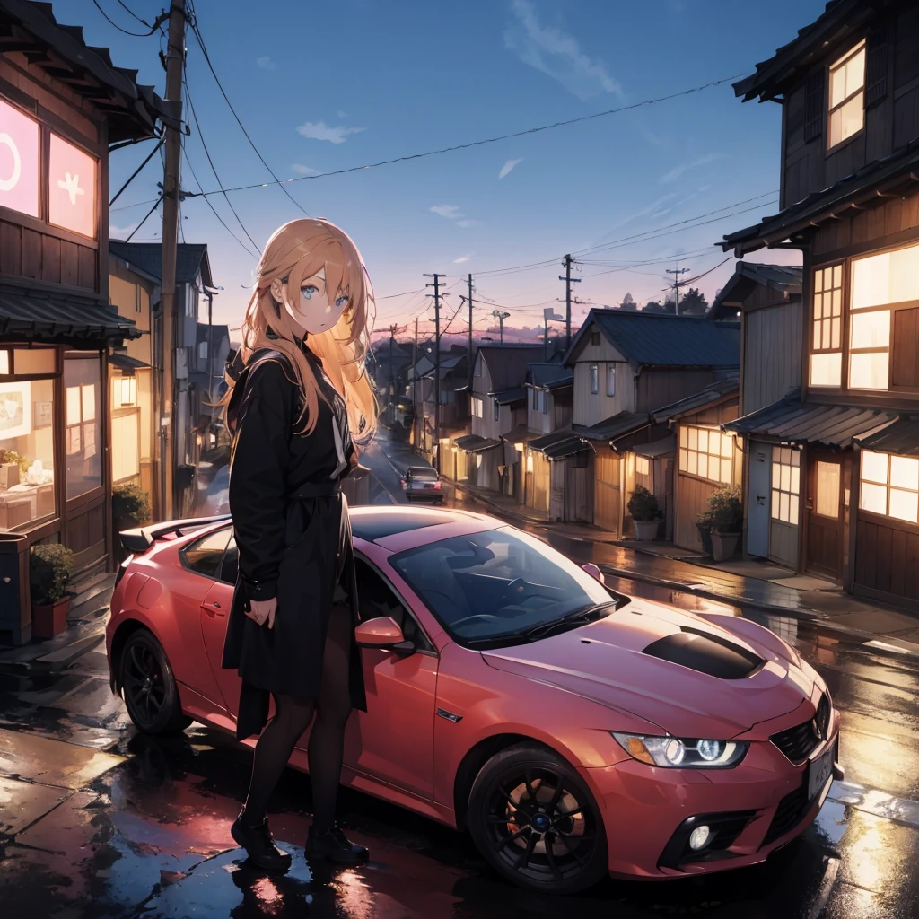 age woman ,long golden hair, blue eye,Wear black, Posing on the roof of a pink car ,colored lights,Morning;Japanese street style.