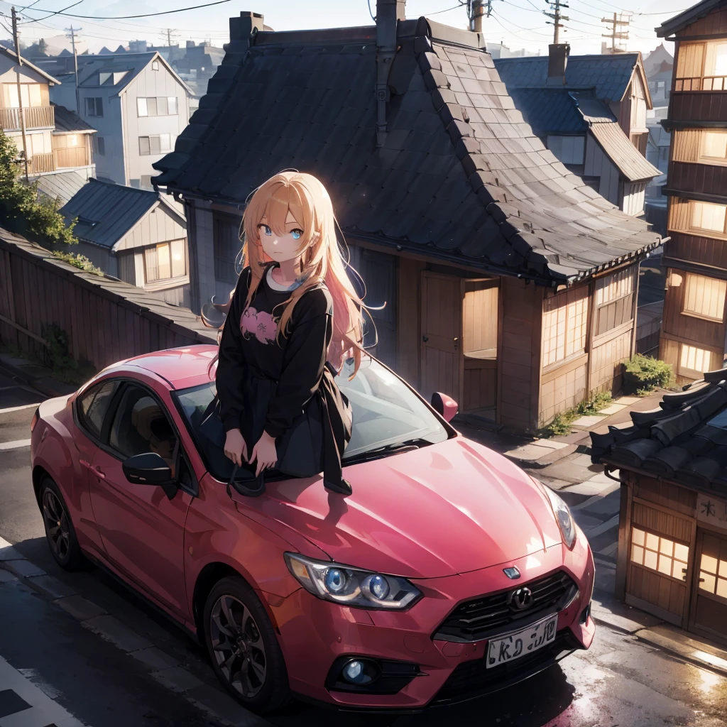 teenage woman ,long golden hair, blue eye,Wear black, Posing on the roof of a pink  car ,colored lights,Morning;Japanese street style.