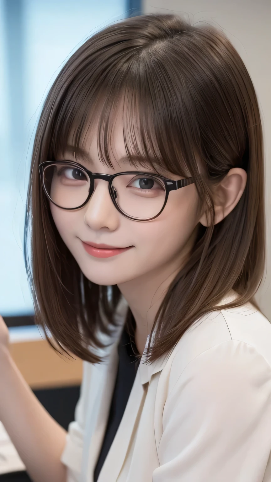 closeup shot , Best picture quality (8K, high resolution, Masterpiece: 1.2), super detailed, 215 Short Hair, 16-year-old woman,
situation: Scene of people attending a meeting in an office conference room。
clothing: Business casual blouse and skirt、pumps。Angle is wearing thin pink frame glasses.:
Close-up: Taking notes in a notebook、A detailed look at the serious expression at the moment of speaking。
Detailed depiction: With the atmosphere of a conference room and a slide projector in the background、Emphasizing the importance of the meeting。
Emotional moment: The joy of having your comments appreciated、Capture focused attention during discussions。
, Close-up of face
, random cute pose ,big eyes ,Puffy eyes , Heart Pupil, blush , huge shy smile , salute