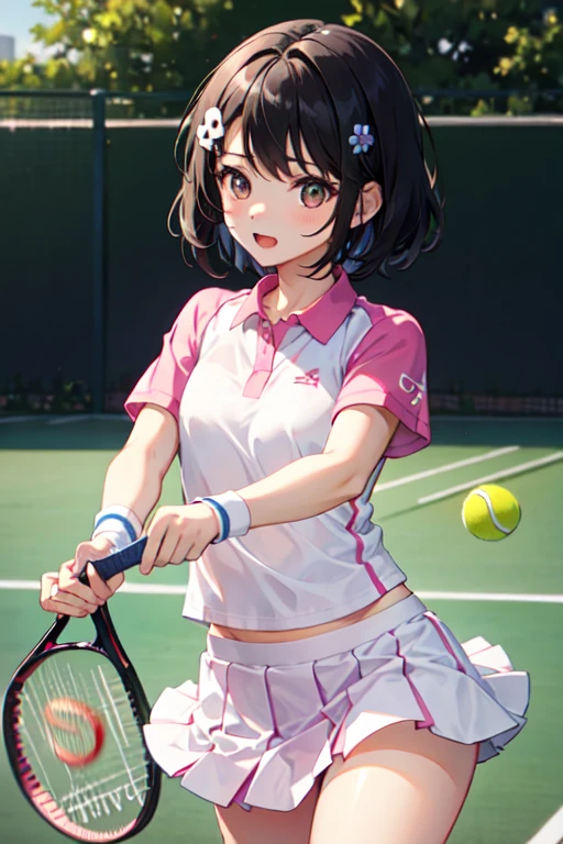 Black Hair、Iris、short hair、girl、、cute、、Tennis wear、Small hair ornament、White shirt on the upper body、The lower half of the body is a short pink skirt、Tennis racket in hand、The skirt flutters in the wind、Panty shot、