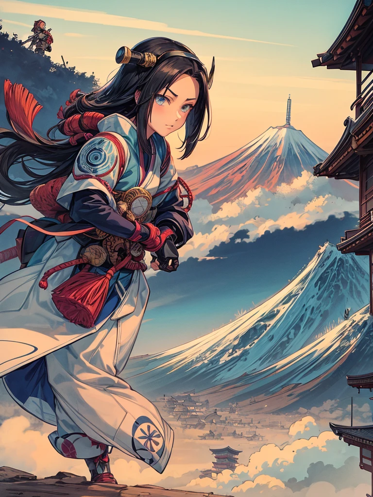 A view of the fujiyama with a female cyborg like battle angel alita in the style of katsushika hokusai