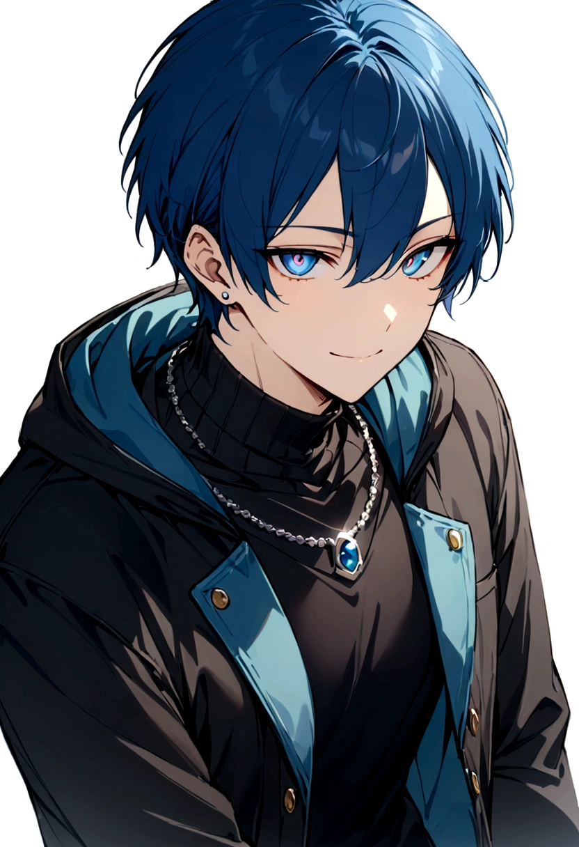 Streaming portrait、solo、Only one person、male、30 years old、front、View center、frontから、front、グレーのJacket、smile、Long earrings、イケメhmm、youth、イケメhmm、male、male性、Short Hair(masterpiece, best quality:1.2), 30 years old、White background、male性、Rin々Shii、Sharp eyes、、Black turtleneck、Black clothes、Blue Hair、blue eyes、whole body、White background、male性、Short Hair、front向き、hmm、Jacket、カーゴパhmmツfront向き、male、ネックレスmaleらShii服装、Silver necklace、