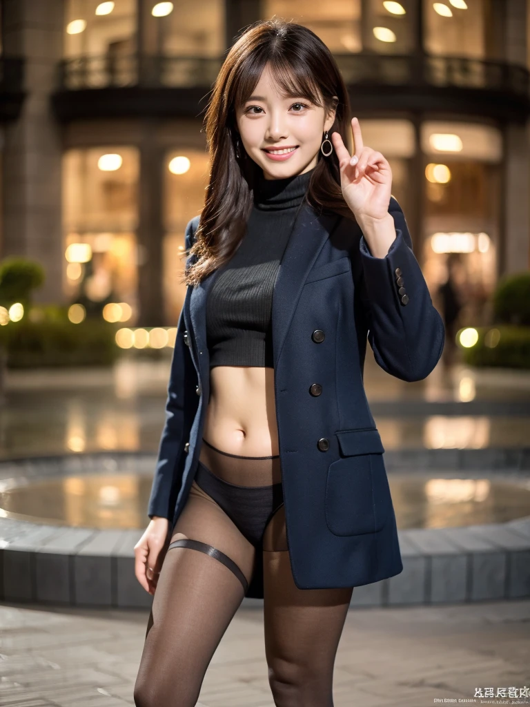 ulzzang -6500-v1.1, (Raw photo:1.2), (Photorealsitic), Beautiful detailed, Famous popular actresses、 (Real: 1.4), extremely detailed eye and face, beatiful detailed eyes, ((Dazzling night illumination plaza:1.2)), ((Women's Suits:1.3, Ultra-realistic pantyhose:1.2))、selfee、Instagram、harsh trial、game_nffsw, Please look at the camera and raise your hand、huge filesize, hight resolution, ighly detailed, top-quality, [​masterpiece:1.6], illustratio, ighly detailed, nffsw, finely detail, top-quality, 8k wallpaper, Cinematographic lighting, 1 milf, 21 year old, perfect body type, Beautiful big drooping eyes、Pieckfinger, ((masutepiece)), Best Quality, 1 milf, eye shadow,  high-heels、Portrait, ((FULL BODYSHOT:1.4))、(Very affectionate smile:1.2)、realistic skin textures、shinny skin、Exposed thighs!!!