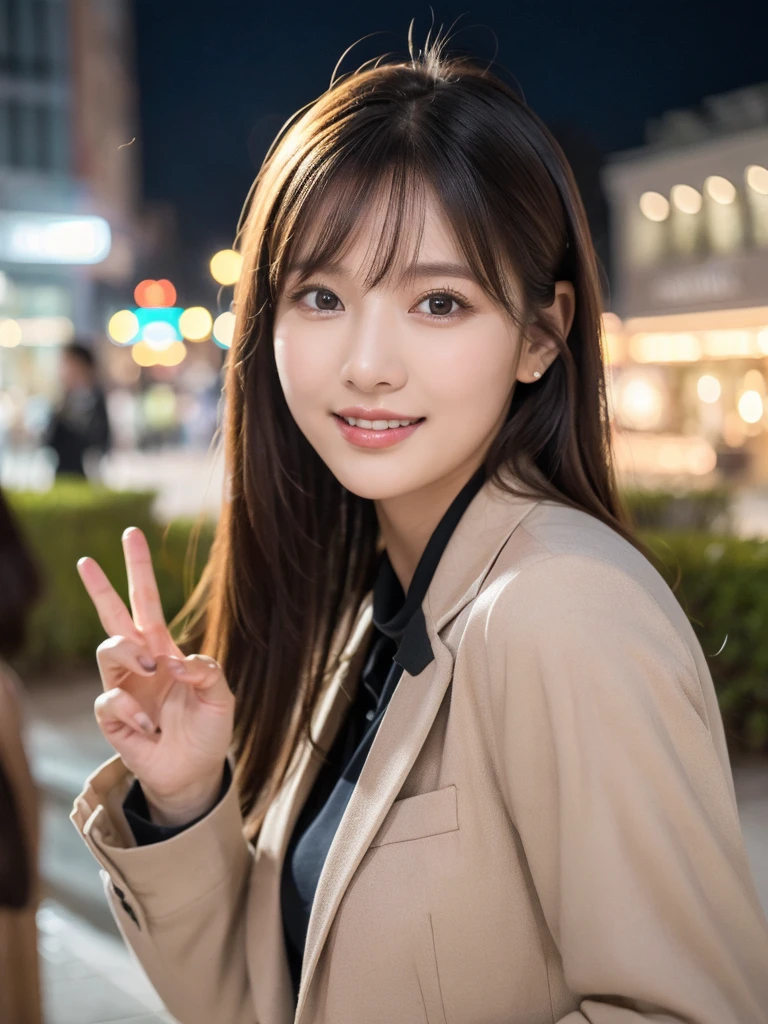 ulzzang -6500-v1.1, (Raw photo:1.2), (Photorealsitic), Beautiful detailed, Famous popular actresses、 (Real: 1.4), extremely detailed eye and face, beatiful detailed eyes, ((Dazzling night illumination plaza:1.2)), ((Women's Suits:1.3, Ultra-realistic pantyhose:1.2))、selfee、Instagram、harsh trial、game_nffsw, Please look at the camera and raise your hand、huge filesize, hight resolution, ighly detailed, top-quality, [​masterpiece:1.6], illustratio, ighly detailed, nffsw, finely detail, top-quality, 8k wallpaper, Cinematographic lighting, 1 milf, 21 year old, perfect body type, Beautiful big drooping eyes、Pieckfinger, ((masutepiece)), Best Quality, 1 milf, eye shadow,  high-heels、Portrait, ((FULL BODYSHOT:1.4))、(Very affectionate smile:1.2)、realistic skin textures、shinny skin、Exposed thighs!!!