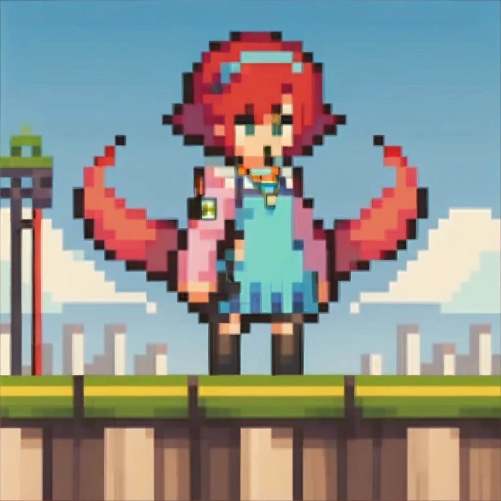 Fraction_9, Fraction_8_Direction_7_up, src_Japanese cartoons, 1 Girl, Red Cliff, Pixel Art, whole body, Digital Nokia, Red hair, Double tail, Headband, necklace, teal dress, cleveage, Pink Jacket, Short skirt, Garter, Black over-the-knee stockings, outdoor, City, Sky
