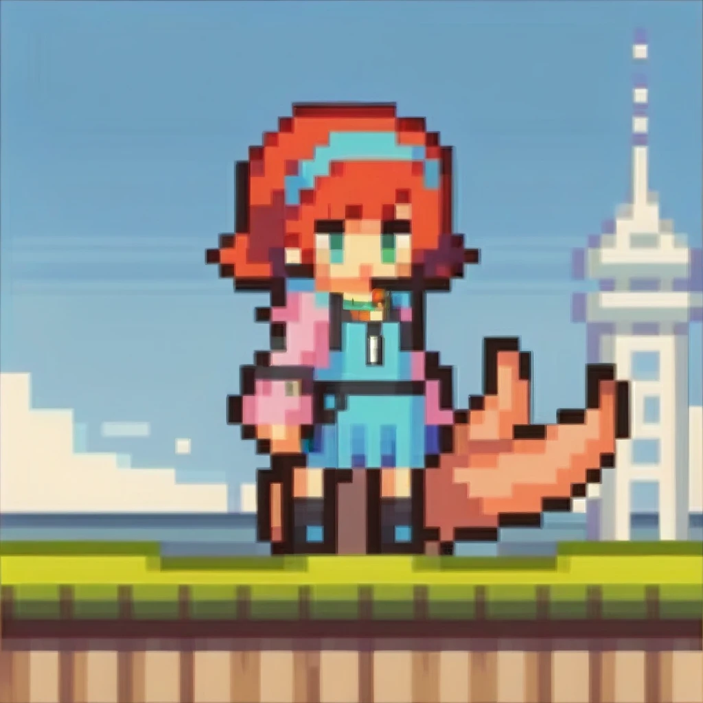 Fraction_9, Fraction_8_Direction_7_up, src_Japanese cartoons, 1 Girl, Red Cliff, Pixel Art, whole body, Digital Nokia, Red hair, Double tail, Headband, necklace, teal dress, cleveage, Pink Jacket, Short skirt, Garter, Black over-the-knee stockings, outdoor, City, Sky