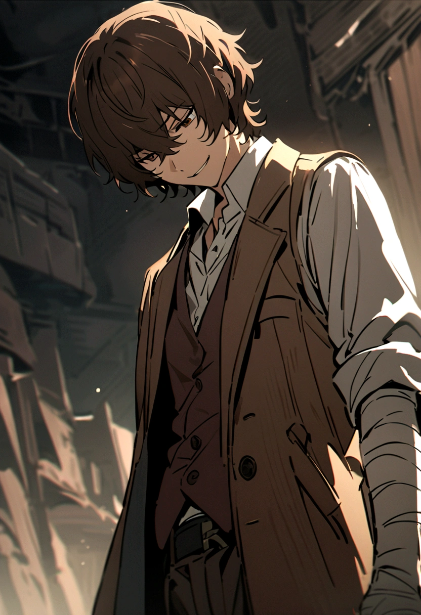 dazai, male focus, 1boy, brown hair, brown eyes, bandages, hair between eyes, shirt, pants, coat, short hair, vest, bandaged arm, smirk, looking down