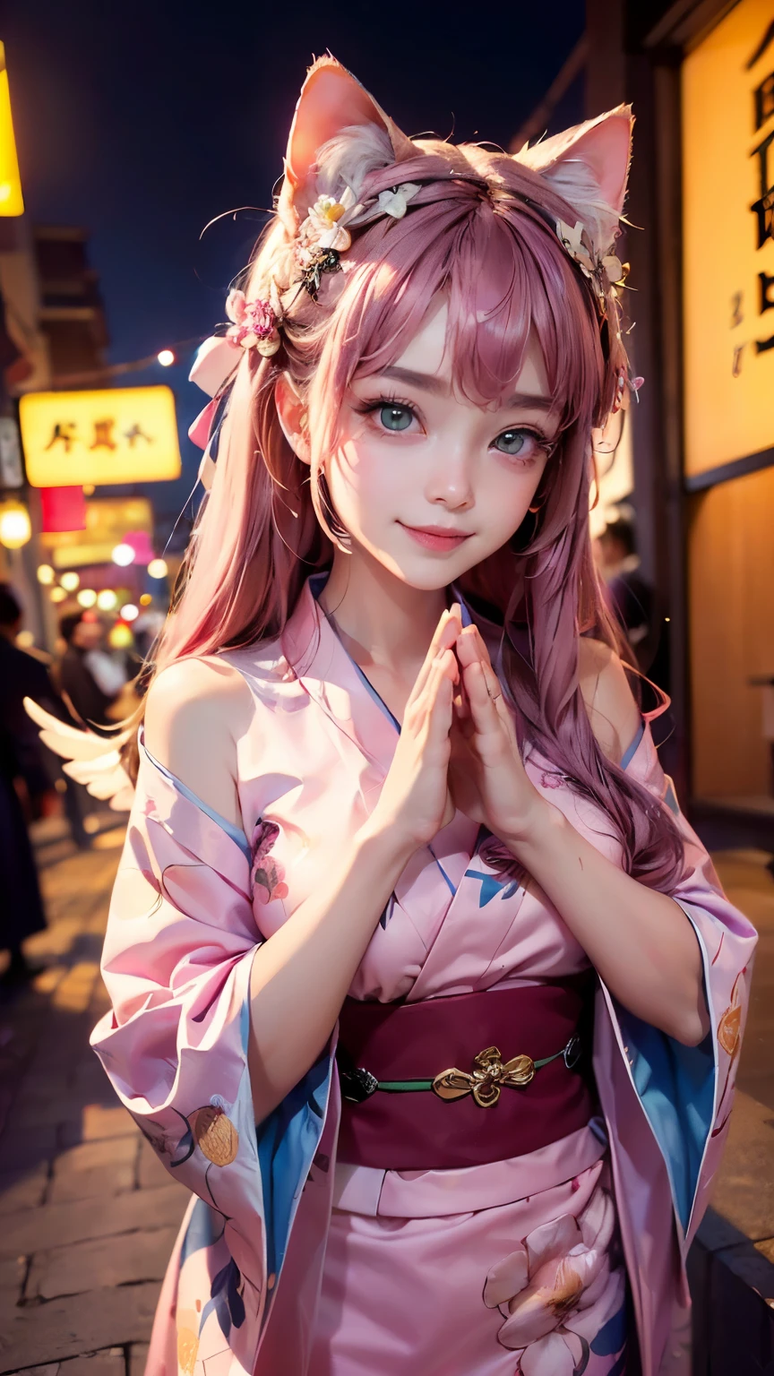 ((Highest quality)), ((masterpiece)), (detailed), 8K, High Resolution,One girl, Pink Hair, Perfect Eyes, Goddess of Athena, I'm praying, Hands together, (have confidence:1.6), (Facing forward:1.5), (Be confident:1.5), japanese festival on background, smile, pink floral yukata, Cat ear, (Angel's wing:1.2), big eyes, (The body also faces forward:1.5),