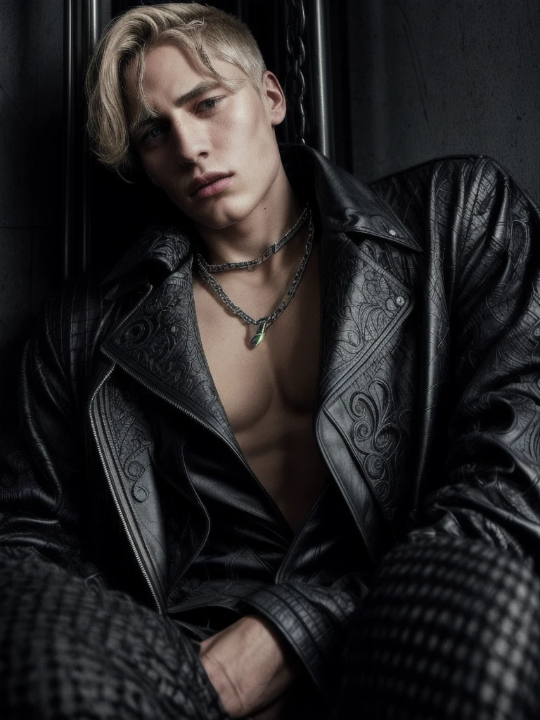 8k, cinematic lighting, bright front lighting. Professional photography of an unsung and mysterious film, bold lines, hyper detailed, dramatic lighting, (intricate details, masterpiece, best quality: 1.4) Very handsome guy, the appearance of the model sits at twilight in the corner in the corners, chains weigh chains on the walls, on the floor of the chain, the guy is poorly lit, sad face, in a black suit with a white shirt with an unbuttoned top, hair to the shoulders, on the chest and blood of the face, dark background, a gloomy prison around the chain, a little light falls on the face of a guy with gloomy lighting, the guy sits With a chain in his hands in a prison cell, a man is wrapped in a chain, (chains), inspired by Yamagata Hiro, sleeping in chains, in chains, detailed johan liebert, Mixed with Alucard, discreet, illustration, cinematic lighting, bright front lighting. Professional photo of an unsung and mysterious film, 1 boy, bangs, belt, black jacket, black trousers, blood, knitted, tied wrists, blond hair, chain, chain, shirt with collar, cuffs, cuts, formal, handcuffs, trauma, jacket, on the knees, long sleeves, looking at the viewer, men's focus, open clothes, open shirt, trousers, split lips, red eyes, shirt, medium length hair, solo, suit, torn clothes, torn shirt, white shirt, BLACK JACKE