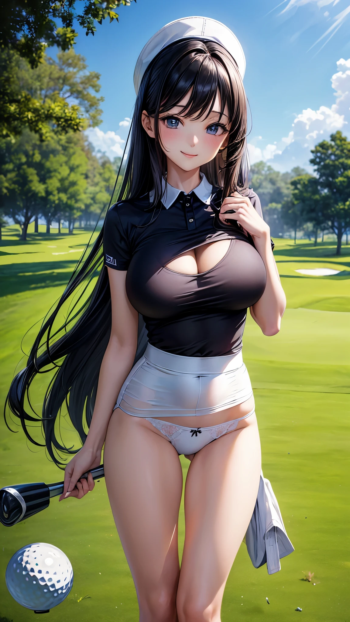 (4K,masterpiece,best quality,ultra detailed),(daytime,daylight),(tight golf wear,micro ,white panties:1.3),(panty shot,upskirt,lift skirts),(golf course),looking viewer,(beautiful women), japanese,(long hair,black hair),(beautiful detailed face,beautiful detailed eyes,finely detailed skin,big breast,medium hips,fair skin),slender,light smile,