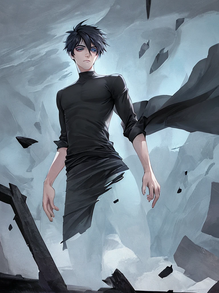 male,High nose,Long eyelashes,Thin eyebrows,ephemeral,Black Shirt, blue,lonely,high resolution,From below,Strong winds