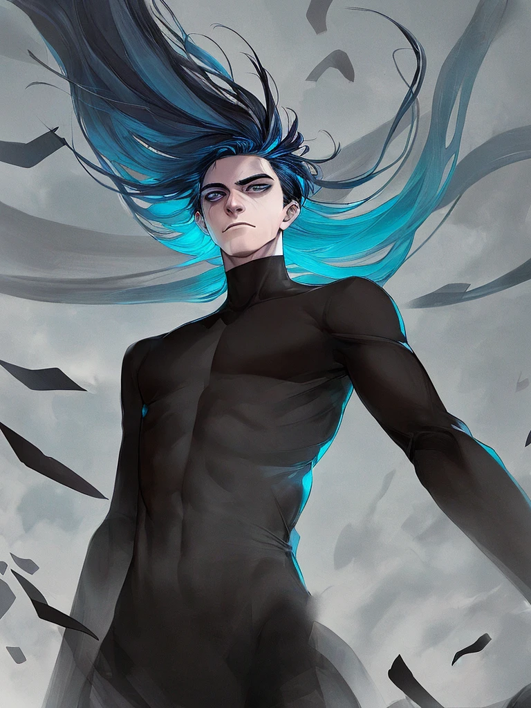 male,High nose,Long eyelashes,Thin eyebrows,ephemeral,Black Shirt, blue,lonely,high resolution,From below,Strong winds
