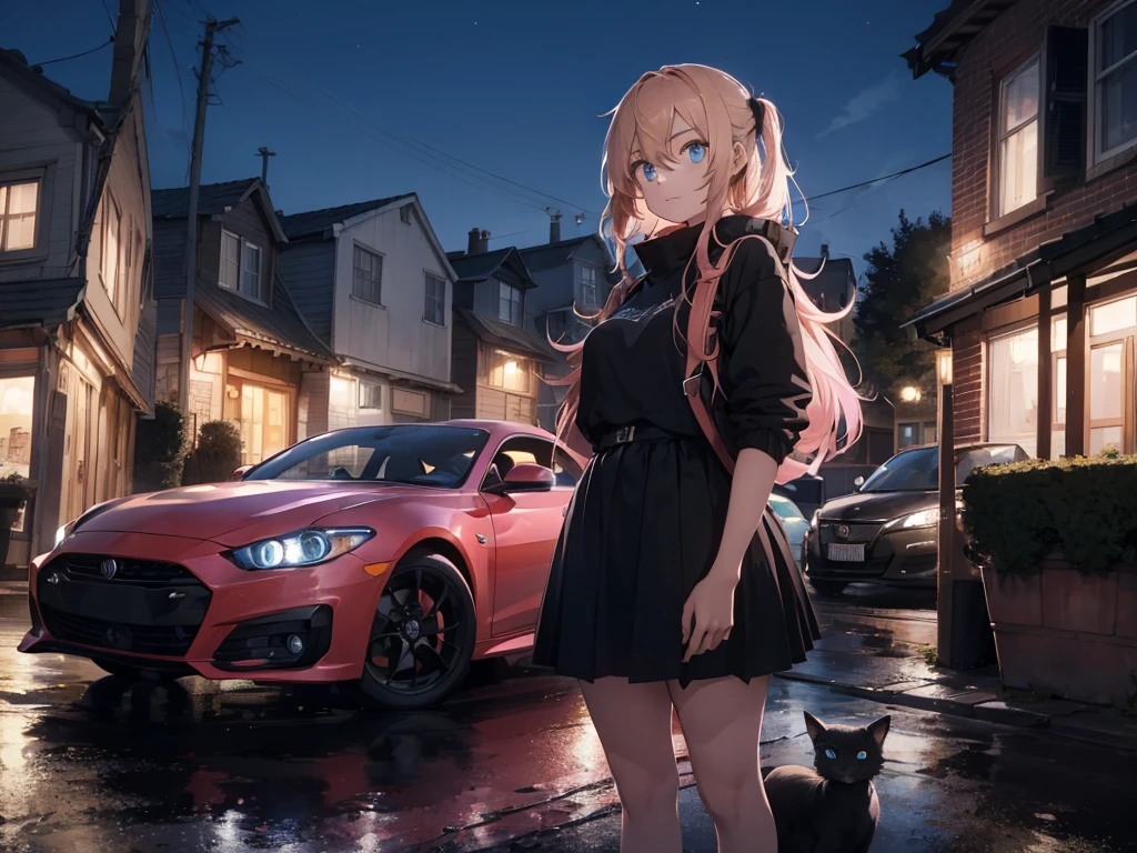 teenage woman ,long golden hair, blue eye,Wear black, Posing on the roof of a pink sports car ,colored lights,cat bag,Morning.