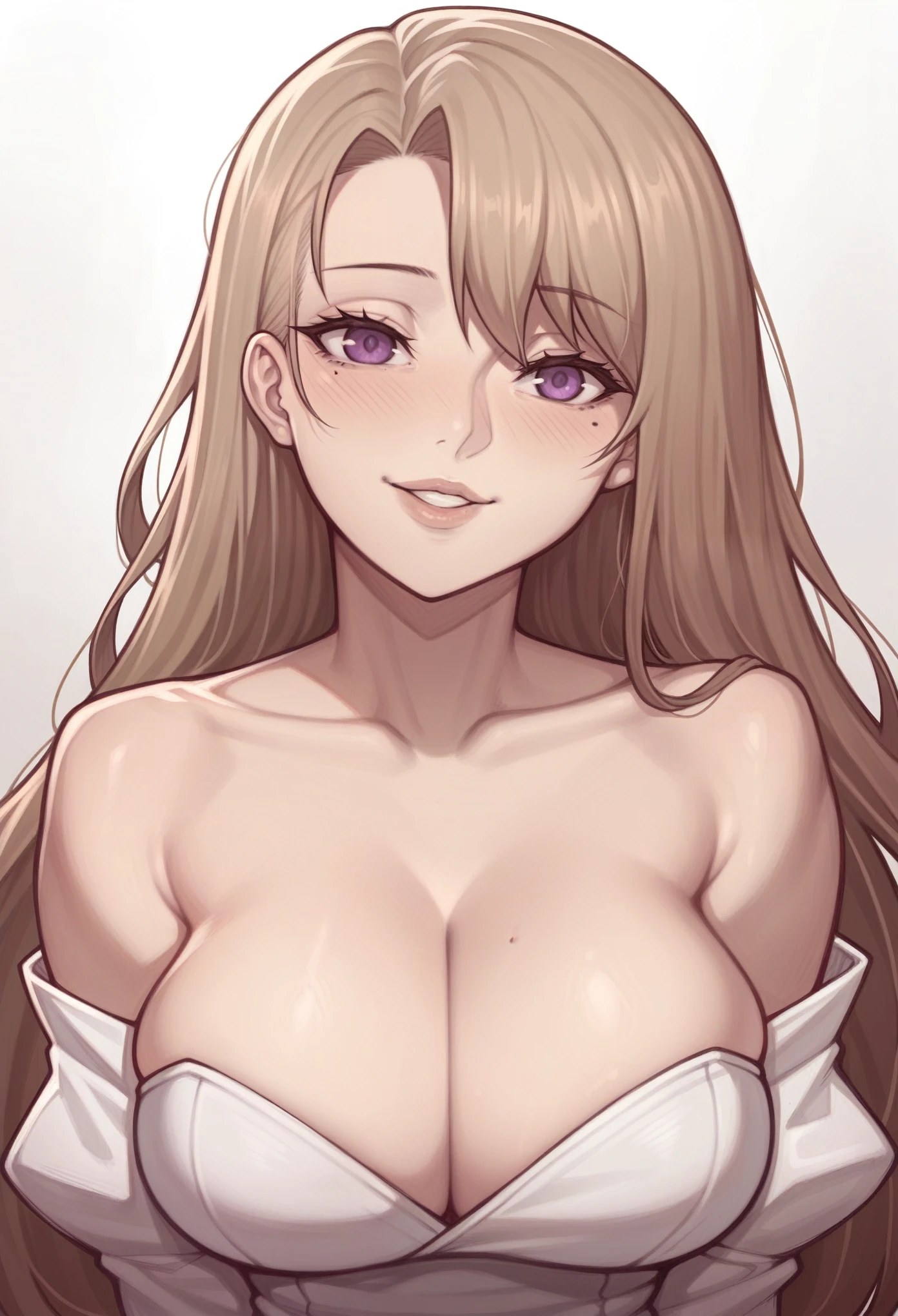 _asura style, 1girl, rita_rossweisse, breasts, mole_under_eye, cleavage, solo, mole, hair_over_one_eye, long_hair, large_breasts, looking_at_viewer, white_background, smile, upper_body, blush, collarbone, simple_background, parted_lips, dress, white_dress, brown_hair, bangs, bare_shoulders, purple_eyes