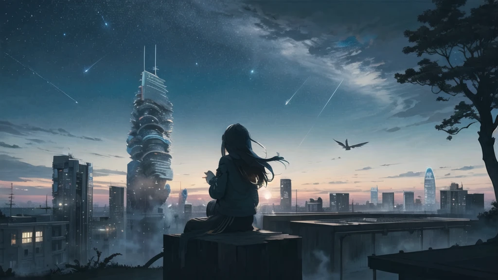 Octane, null, star (null), scenery, Blue Parakeet,Acoustic guitar,starnull, night, One girl, Back view,nightnull, alone, Outdoor, Blue Parakeet,building, cloud, milky way, Sitting, wood, Long Hair, Acoustic guitarが近くにある,city, silhouette