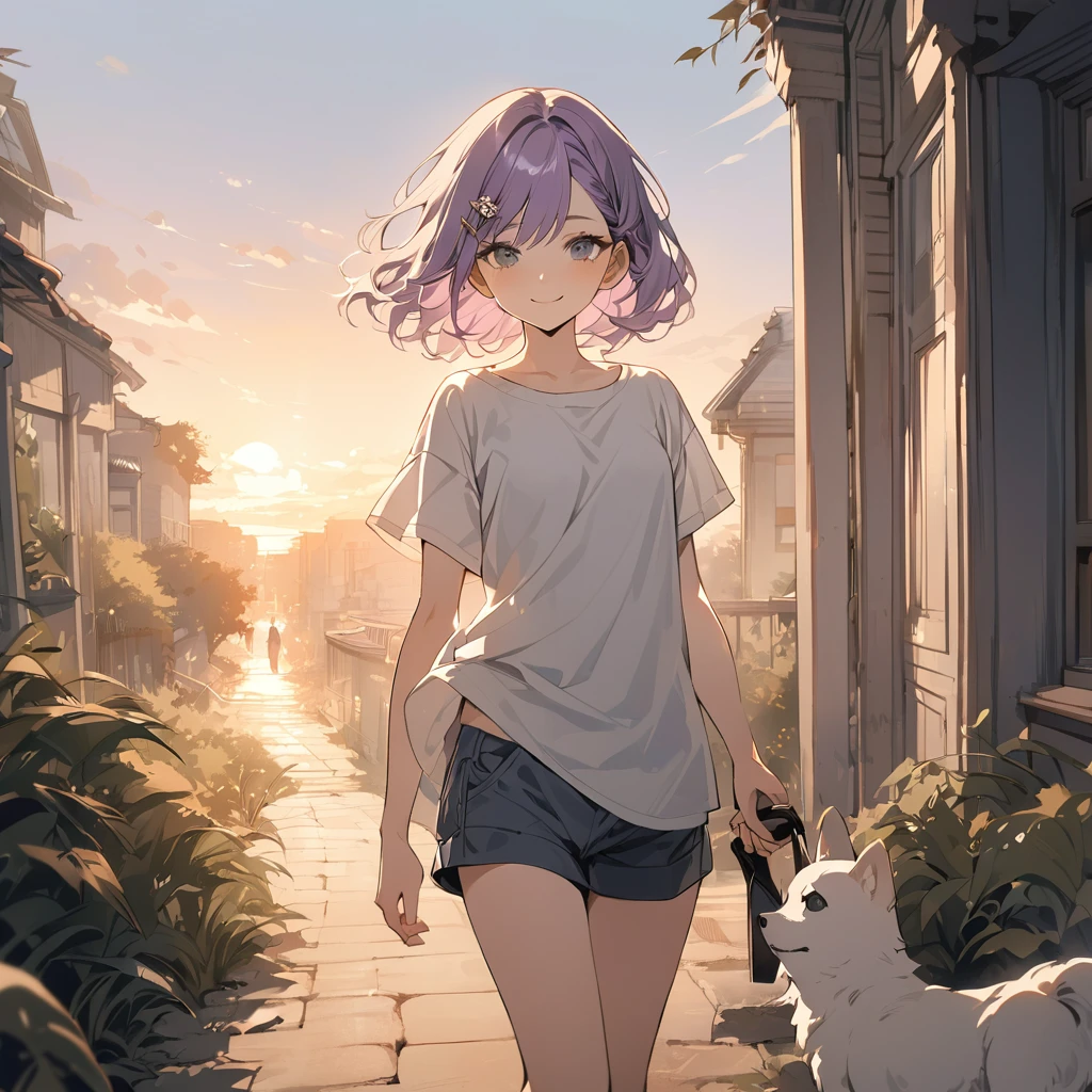 (Cute a girl:1.5), (a girl with closs hair pin,pale purple hair,bluntbangs hair,green and black eyes, a girl is wearing a white T-shirt and navy blue shorts,,look at viewer:1.4), (masterpiece:1.3), anime visual, (Lovey-dovey:1.5), (tilt head:1.3), extremely delicate face, soft clean focus, realistic lighting and shading, (an extremely delicate and beautiful art:1.3), elegant, (muted colors:1.1), small breast,Taking an light brawn colored Akita dog for a walk in the sunset,smiling,