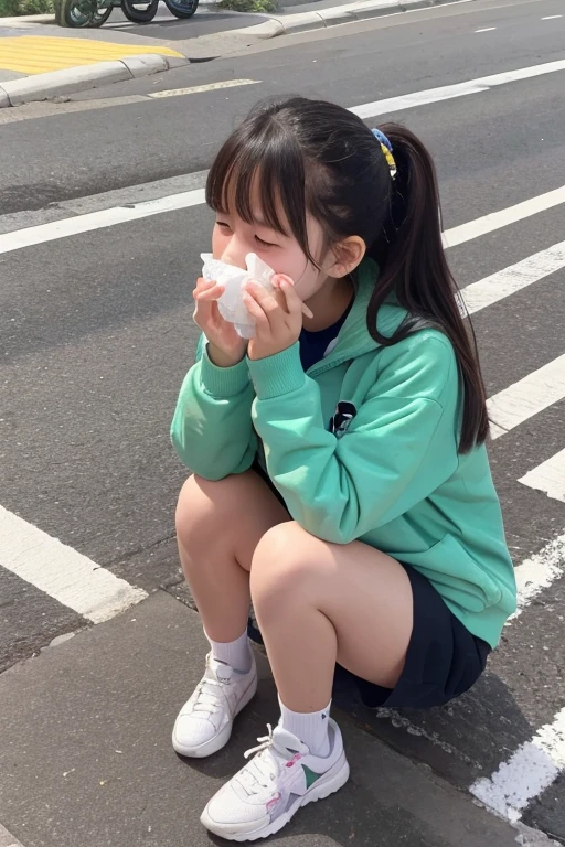 A junior high school student in shorts vomiting on the street