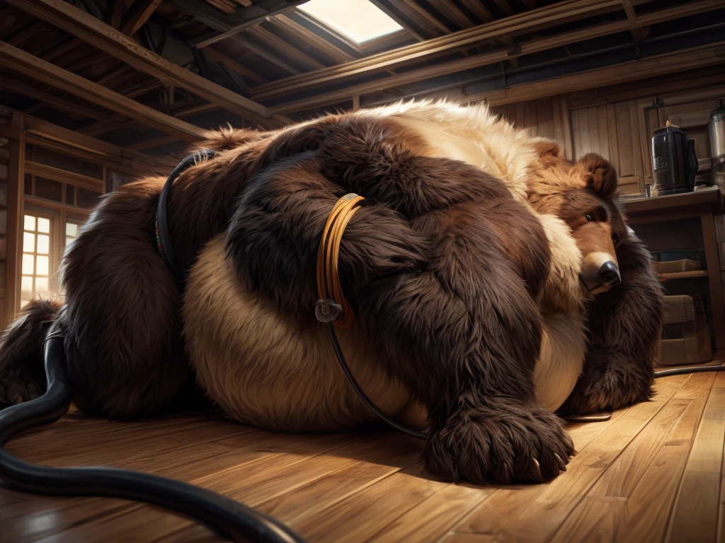 NSFW, Furry anthro Bear, big muscles, inflated belly, air hose inserted into ass, laying on the floor playing with belly, huge bulge, background hoses in the room, huge belly, detailed fur, masterpiece, intricate rendered fur, horny, by darkgem