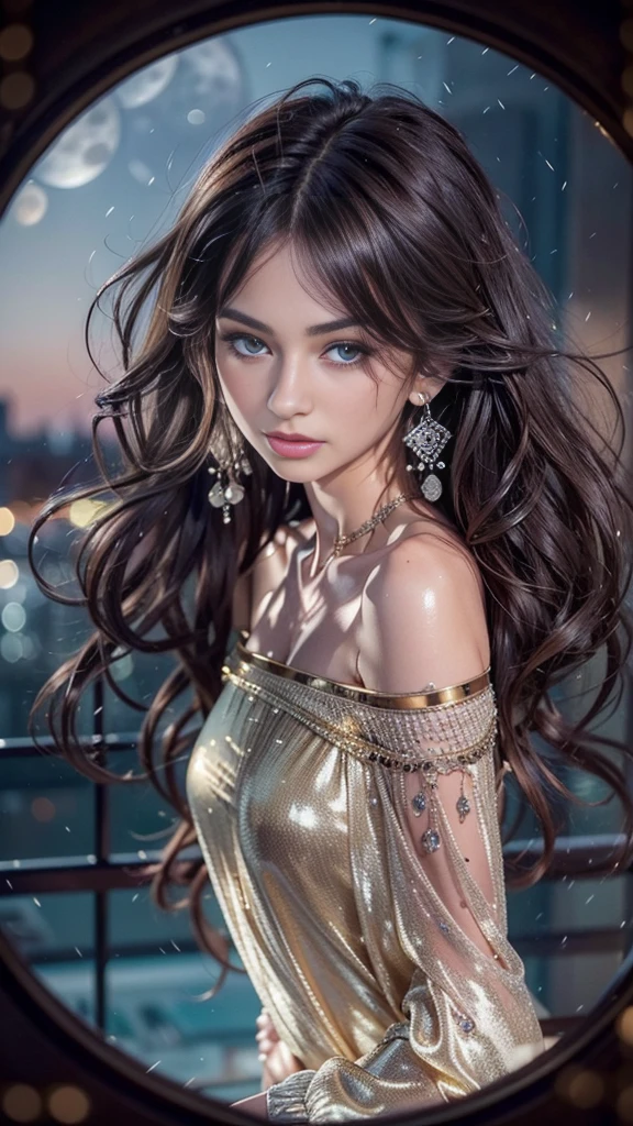(32k:1.5, Highest quality, masterpiece, Ultra-high resolution), Professional camera work:1.6, Very detailedな肌と顔の質感:1.3, Captivating portrait, Very accurate, Very detailed, 1 adult female, ((Amazing night view from the rooftop:1.4, The moonlight at night illuminates my body)), (Satin Nightgown:0.7), Incredibly slim body, Fair skin, elegant, Expressions of sadness, (Big eyes that exude beautiful eroticism:0.8, A dreamy look:1.0, I love you with all my heart:0.8, Open your mouth a little, lipstick, Feel the beautiful eroticism:0.9), (Wet dark brown medium length hair), Sensual sitting position, Candles, The chest is medium, Earrings, necklace, bracelet, (romantic, mysterious), Object of admiration, dramatic, Artistic, Innovative, attractive, sense of openness, sense of cleanliness, Special, Heartful, Fancy, exciting, Extreme, Tilt, ((Adult charm, Feminine charm, Hair blowing in the wind))