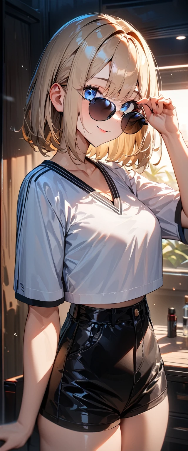 (((One girl))), ((beach)), noon, blond hair, bob cut, breasts, from front, (cowboy shot), standard body, (looking at viewer), ((black shorts)), ((black crop top overhang, v-neck)), short sleeves, ((sunglasses)), hand to sunglasses, midriff peek, teenager, head tilt:1.3, (((blue eye))), ((happy smile)), anime style, (best quality, 4k, 8k, highres, masterpiece:1.2, ultra-detailed, ultra-detailed eyes, HDR, UHD, studio lighting, ultra-fine painting, sharp focus, physically-based rendering, extreme detail description, professional, vivid colors, bokeh), ((Highest quality, Best image quality, Ultra-high resolution, Ultra-high resolution, solo, Strong eye highlights)), Depth of written boundary, Natural soft light, attractive, Beautiful Face, Cleanliness, Pure Face, nedium chest, Beautiful Face, Perfect Fingers, Perfect hands, Perfect body, Perfect Face, Shine a light into your eyes, Perfect Anatomy