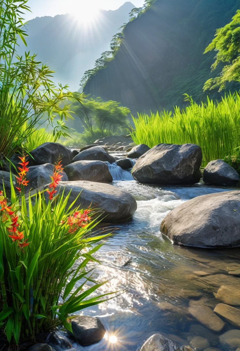 Sitting on a big rock in the middle of the stream，Mountains in the distance，The foreground is a tree，Bamboo and flower plants beside the stream，calm，morning sun rays，it&#39;s foggy，