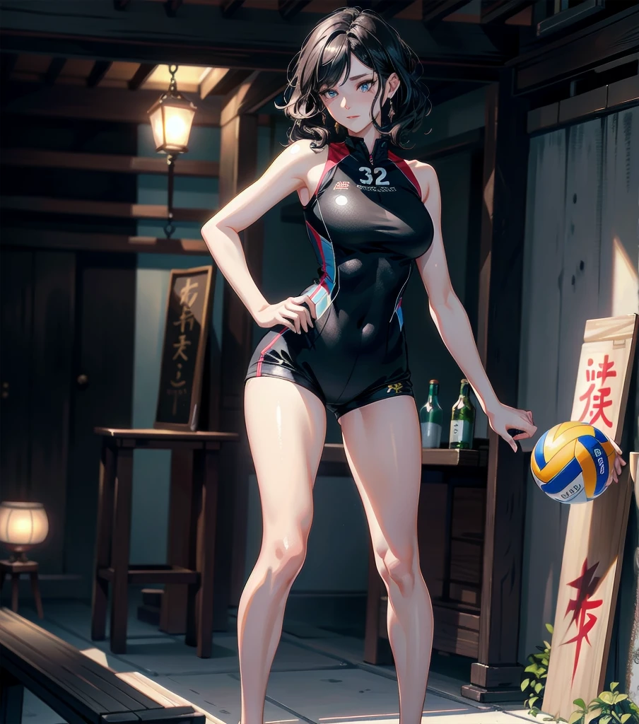 absurdres, RAW photo, extremely delicate and beautiful, masterpiece, Best Quality, ultra high resolution, 32k, hyperrealistic, ultra-detailed, Very detailed CG 8k wallpaper, Beautiful Lighting, Perfect Lightning, Realistic Shadows, perfect anatomy, super Detailed skin, perfect figure, Japanese woman, late 20s, very Slim body, narrow waist, very small head, handsome detailed woman, very detailed eyes and face, realistic face proportions, Stunning detailed eyes, Realistic beautiful face, very small face, Realistic small beautiful eyes, tearful mole, earring, bare legs, beautiful and very thin legs, beautiful and very thin thighs, very huge round breasts, full body shot, medium short hair, wavy hair, black hair, (volleyball Jersey:1.2), (shorts:1.2),