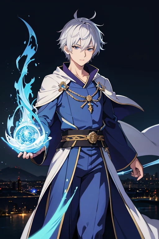 masterpiece, Highest quality, High resolution,Anime Style、Silver Hair、Short Hair、male、Wizard、Robe、magic、Blue Flame、With the ancient city in the background