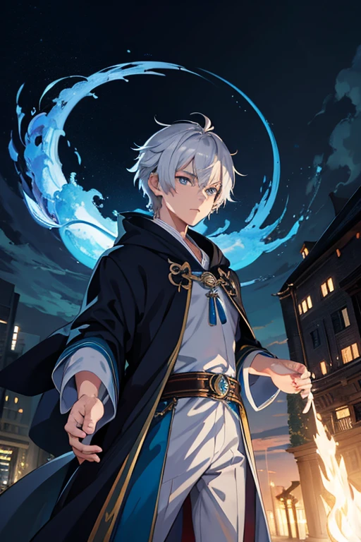 masterpiece, Highest quality, High resolution,Anime Style、Silver Hair、Short Hair、male、Wizard、Robe、magic、Blue Flame、With the ancient city in the background