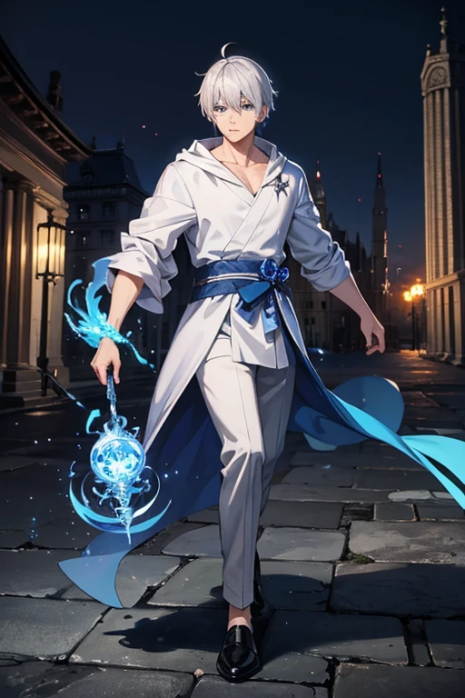 masterpiece, Highest quality, High resolution，Anime Style、Silver Hair、Short Hair、male、Wizard、Robe、magic、Blue Flame、With the ancient city in the background