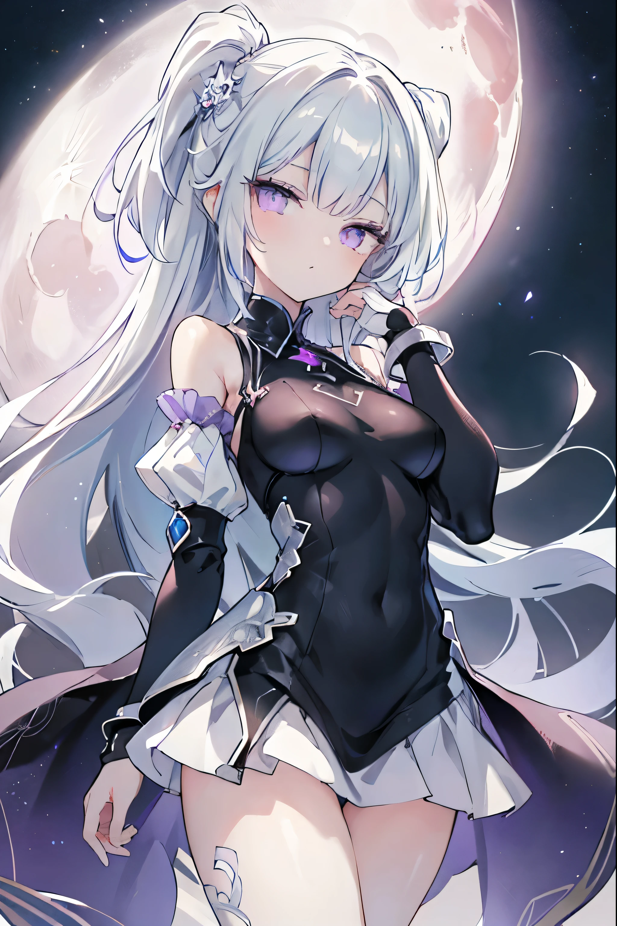 1girl, anime, cute girl, blank background, white background, fantasy, detailed fantasy dress with highlights, beautiful face, beautiful eyes, dark colors, black hair with multicolor streaks, red eye with different color pupil in eye, multicolor eye, medium breasts, slight cleavage, beautiful skin, cute, breast curtains, extremely delicate and beautiful, (beautiful detailed face:1.0), (detailed deep eyes), symmetrical breasts, deep eyes, shiny skin, portrait, slender waist, hips wider than shoulders, thighs, expressionless, young girl, luminous eyes, adorable,(Kpop idol),(aegyo sal:1),(Platinum blonde hair:1),((puffy eye)),Black panty,sexy posture,Superskirt, Ultra-high resolution,Black collar,slim figure, Abdominal y tattoo, womb tattoo,Tight-fitting leg ring,y tattoo on half-body,Bare skin, Armored hand,Hidden fingertips,Hand covered,Arm covered,Fist covered,{{beautiful detailed fingers}}, tufts of hair, moderate beautiful breast:1.0,(masterpiece:1.2), best quality, high-res, HDR, perfect face, intricate armor, delicate blue filigree, intricate filigree, red metalic parts, detailed part, dynamic pose, dynamic lights, cute face, neutral expression, shuimobysim, lotus, Hanfu, maxi skirt, dress conservatively 1girl, solo, long blue hair, standing, One lady,14years,((White hair) ,(Shiny purple bodysuit with microskirt),((Fantasy, Moon Night)), gradient_eyes,