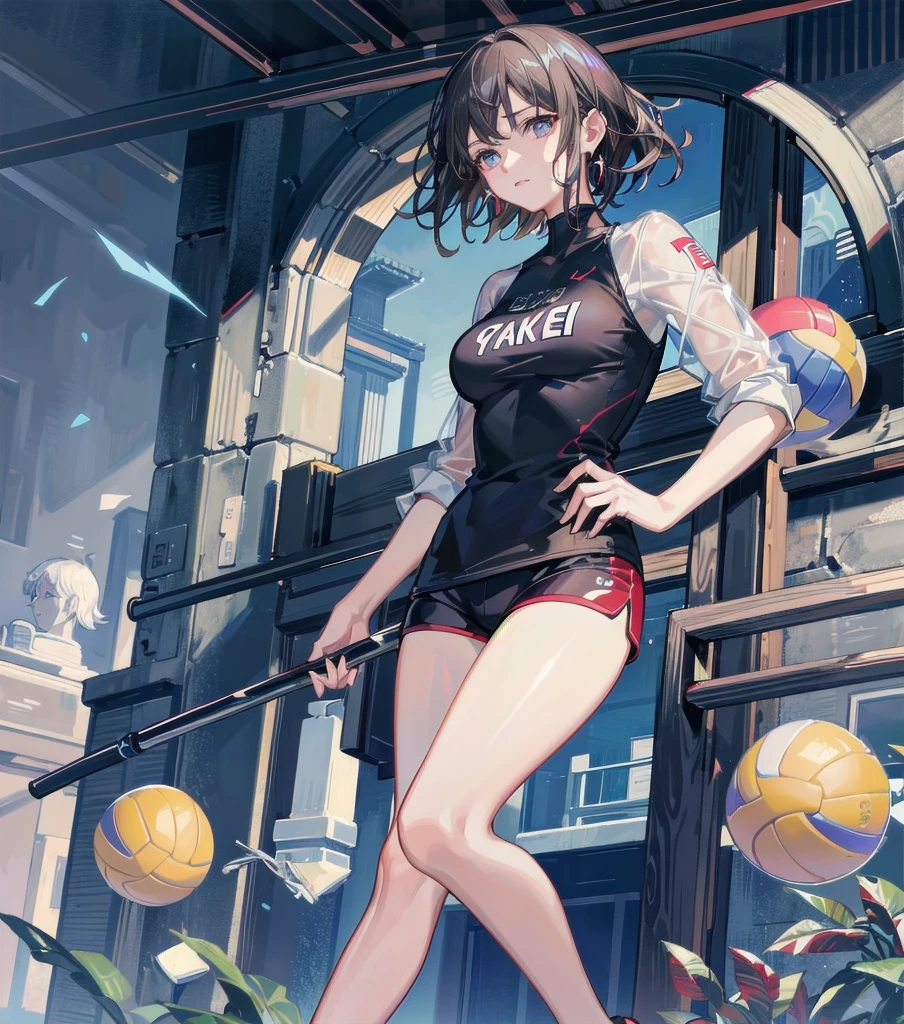 absurdres, RAW photo, extremely delicate and beautiful, masterpiece, Best Quality, ultra high resolution, 32k, hyperrealistic, ultra-detailed, Very detailed CG 8k wallpaper, Beautiful Lighting, Perfect Lightning, Realistic Shadows, perfect anatomy, super Detailed skin, perfect figure, Japanese woman, late 20s, very Slim body, narrow waist, very small head, handsome detailed woman, very detailed eyes and face, realistic face proportions, Stunning detailed eyes, Realistic beautiful face, very small face, Realistic small beautiful eyes, tearful mole, earring, bare legs, beautiful and very thin legs, beautiful and very thin thighs, very huge round breasts, full body shot, medium short hair, wavy hair, black hair, (volleyball Jersey:1.2), (shorts:1.2),