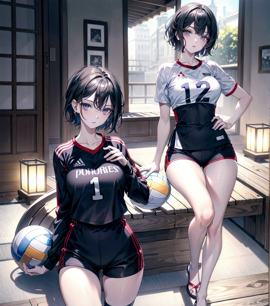 absurdres, RAW photo, extremely delicate and beautiful, masterpiece, Best Quality, ultra high resolution, 32k, hyperrealistic, ultra-detailed, Very detailed CG 8k wallpaper, Beautiful Lighting, Perfect Lightning, Realistic Shadows, perfect ???????, super Detailed skin, perfect figure, Japanese woman, late 20s, very Slim body, narrow waist, very small head, handsome detailed woman, very detailed eyes and face, realistic face proportions, Stunning detailed eyes, Realistic beautiful face, very small face, Realistic small beautiful eyes, tearful mole, earring, bare legs, beautiful and very thin legs, beautiful and very thin thighs, very huge round breasts, full body shot, medium short hair, wavy hair, black hair, (volleyball Jersey:1.2), (shorts:1.2),