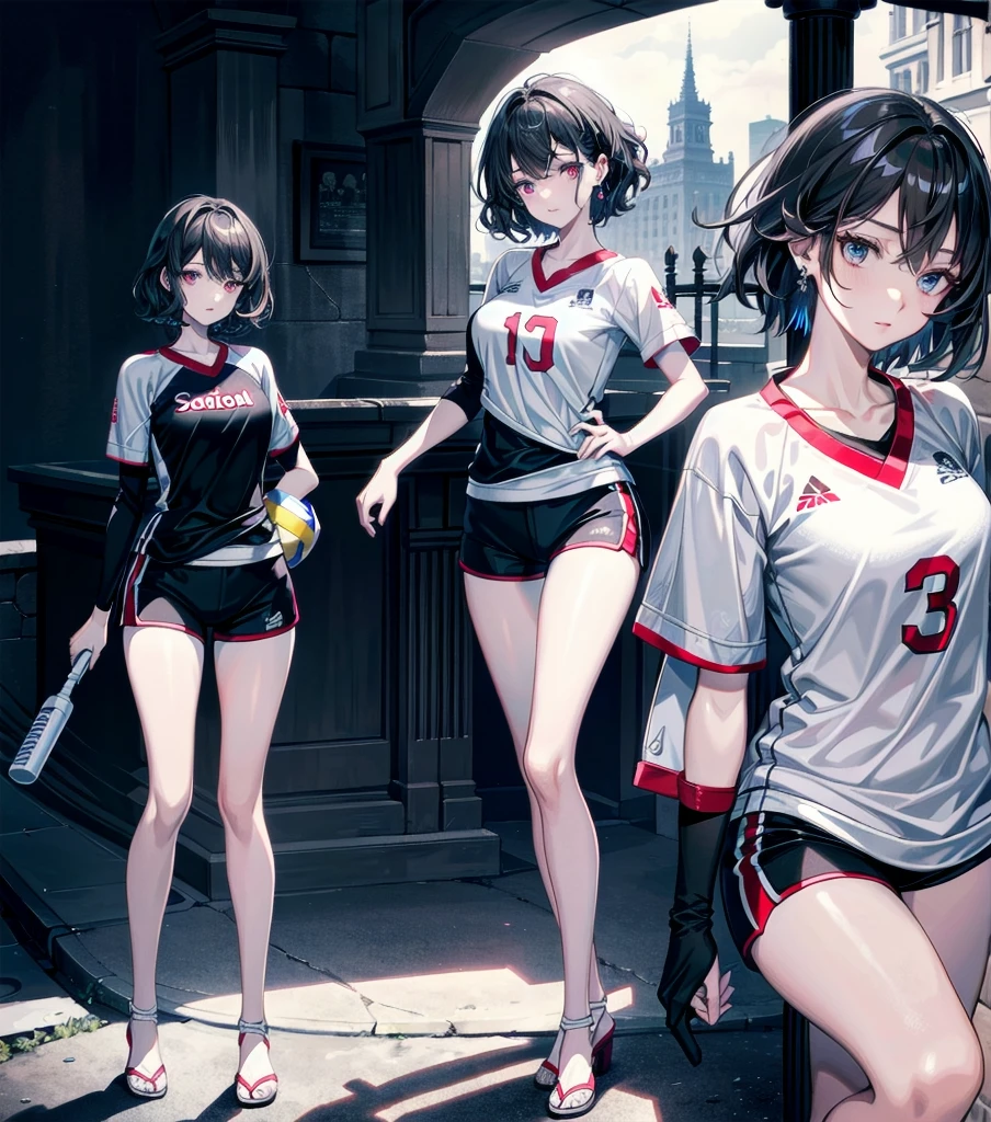 absurdres, RAW photo, extremely delicate and beautiful, masterpiece, Best Quality, ultra high resolution, 32k, hyperrealistic, ultra-detailed, Very detailed CG 8k wallpaper, Beautiful Lighting, Perfect Lightning, Realistic Shadows, perfect anatomy, super Detailed skin, perfect figure, Japanese woman, late 20s, very Slim body, narrow waist, very small head, handsome detailed woman, very detailed eyes and face, realistic face proportions, Stunning detailed eyes, Realistic beautiful face, very small face, Realistic small beautiful eyes, tearful mole, earring, bare legs, beautiful and very thin legs, beautiful and very thin thighs, very huge round breasts, full body shot, medium short hair, wavy hair, black hair, (volleyball Jersey:1.2), (shorts:1.2),