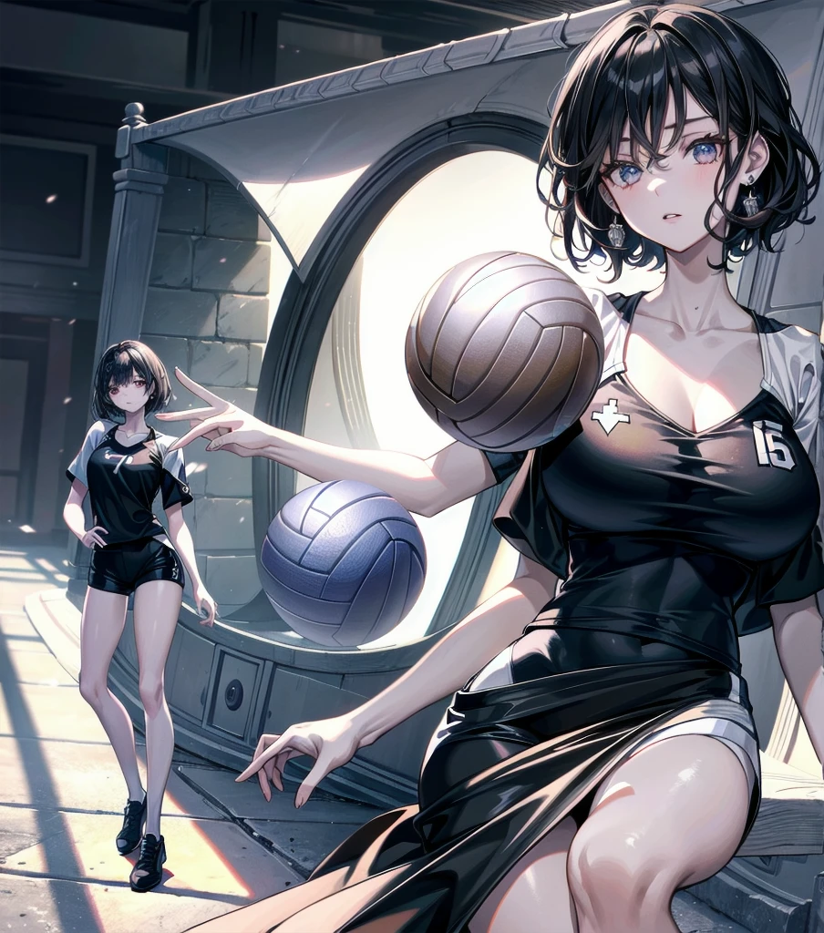 absurdres, RAW photo, extremely delicate and beautiful, masterpiece, Best Quality, ultra high resolution, 32k, hyperrealistic, ultra-detailed, Very detailed CG 8k wallpaper, Beautiful Lighting, Perfect Lightning, Realistic Shadows, perfect anatomy, super Detailed skin, perfect figure, Japanese woman, late 20s, very Slim body, narrow waist, very small head, handsome detailed woman, very detailed eyes and face, realistic face proportions, Stunning detailed eyes, Realistic beautiful face, very small face, Realistic small beautiful eyes, tearful mole, earring, bare legs, beautiful and very thin legs, beautiful and very thin thighs, very huge round breasts, full body shot, medium short hair, wavy hair, black hair, (volleyball Jersey:1.2), (shorts:1.2),