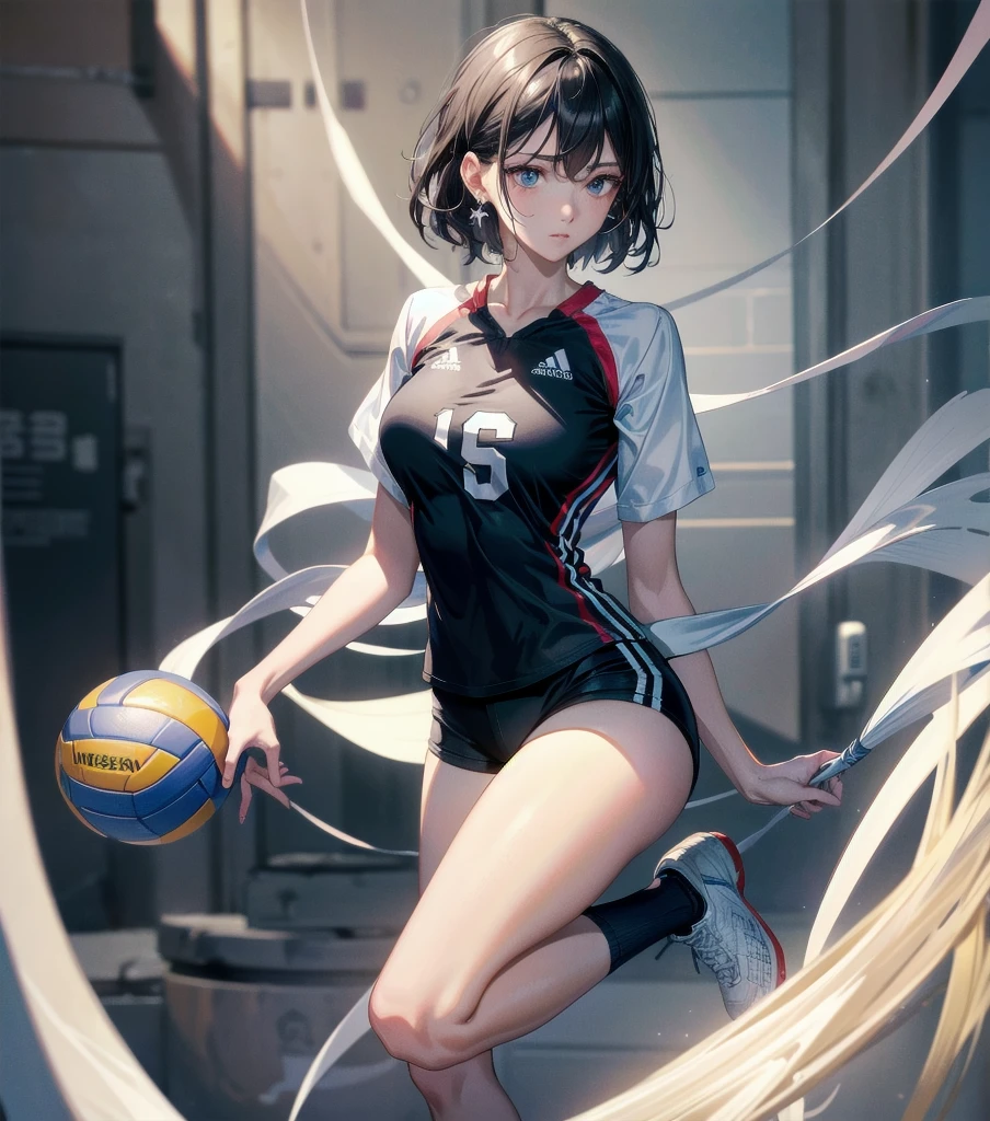 absurdres, RAW photo, extremely delicate and beautiful, masterpiece, Best Quality, ultra high resolution, 32k, hyperrealistic, ultra-detailed, Very detailed CG 8k wallpaper, Beautiful Lighting, Perfect Lightning, Realistic Shadows, perfect anatomy, super Detailed skin, perfect figure, Japanese woman, late 20s, very Slim body, narrow waist, very small head, handsome detailed woman, very detailed eyes and face, realistic face proportions, Stunning detailed eyes, Realistic beautiful face, very small face, Realistic small beautiful eyes, tearful mole, earring, bare legs, beautiful and very thin legs, beautiful and very thin thighs, very huge round breasts, full body shot, medium short hair, wavy hair, black hair, (volleyball Jersey:1.2), (shorts:1.2),