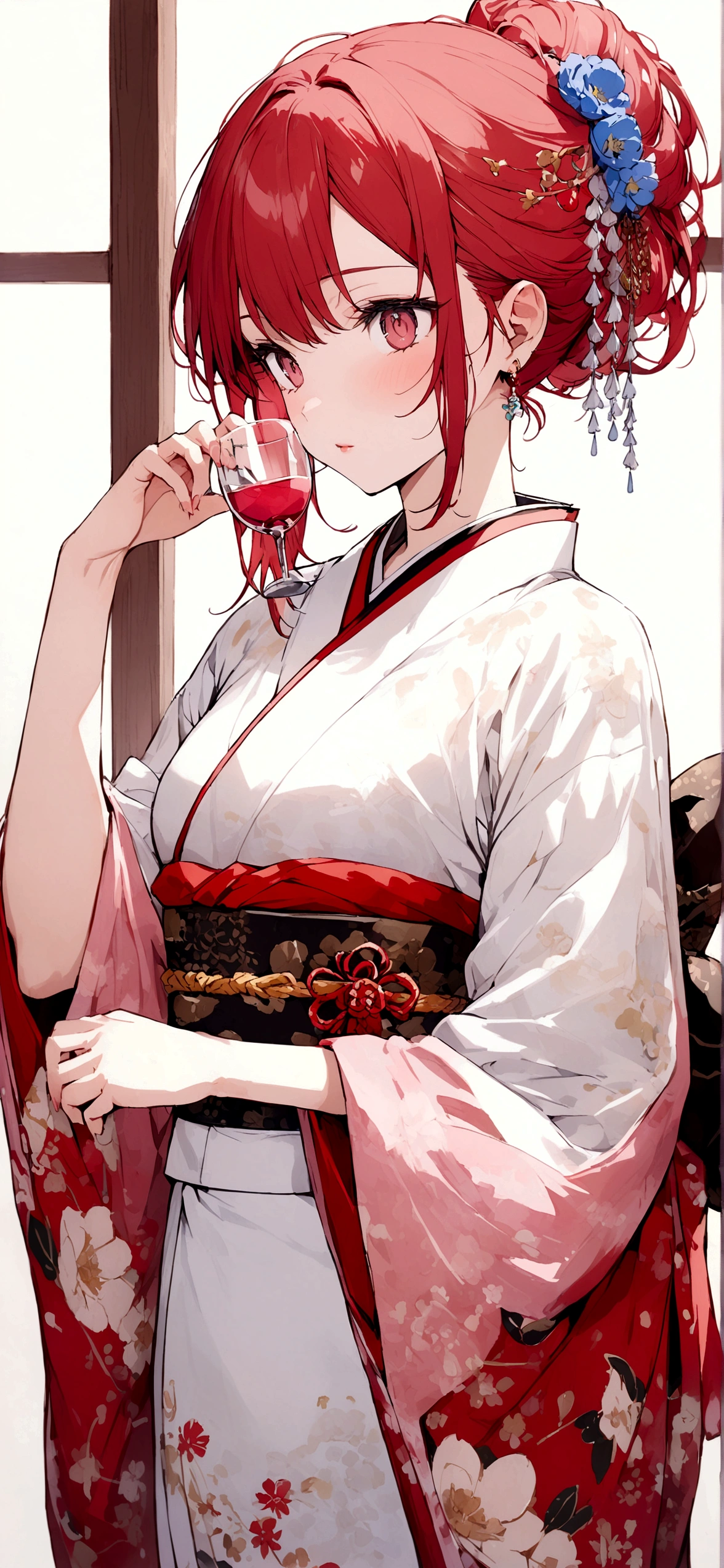 Holding a rocks glass of plum wine、kimono、Red Hair