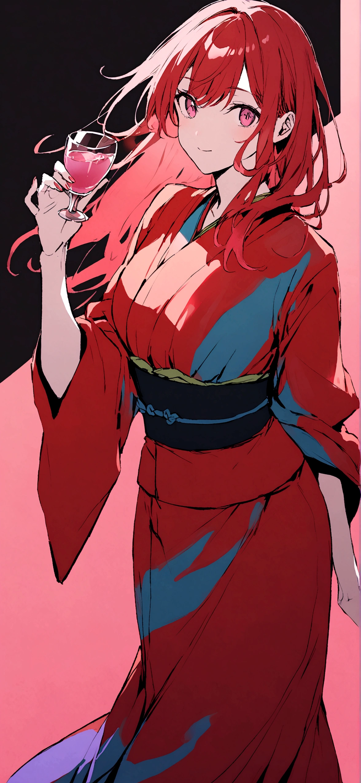Holding a rocks glass of plum wine、kimono、Red Hair