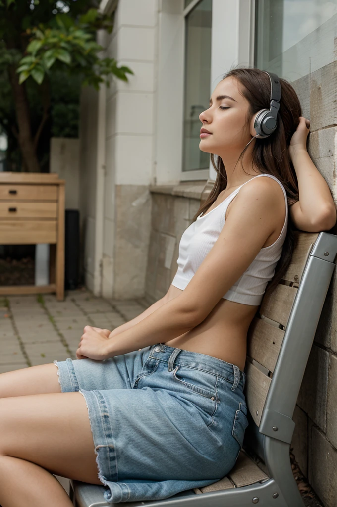 Woman is sitting while listening to music