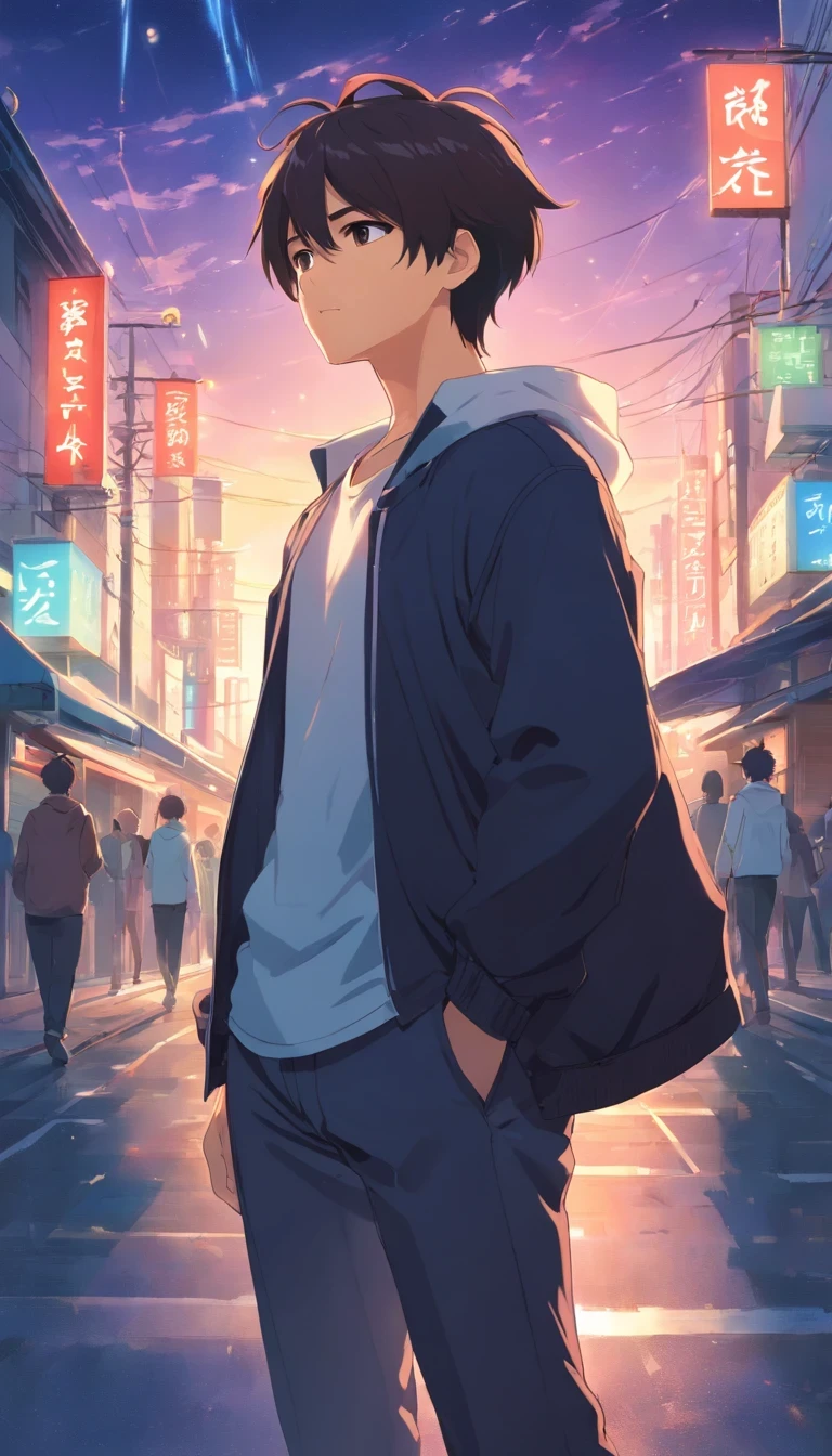 masterpiece、adult、30Generational Uncle、Twink、amount、30 years old、Black-haired、Black jacket、Black trousers、White T-shirt、Put your bangs up、amountを突き出す、Twink、Detailed drawn eyes、Handsome、In the city、Starry Sky、Mysterious Light、Dramatic Light、The power of film、