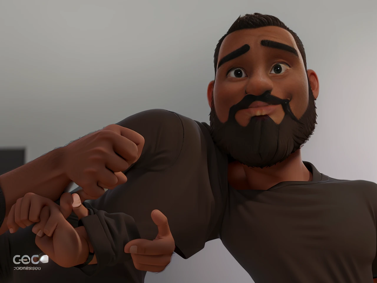 The image shows a man wearing a black t-shirt and a black square wristwatch, smiling and giving a thumbs up. The background is white. The man has a well-groomed beard and a reasonably fit body.