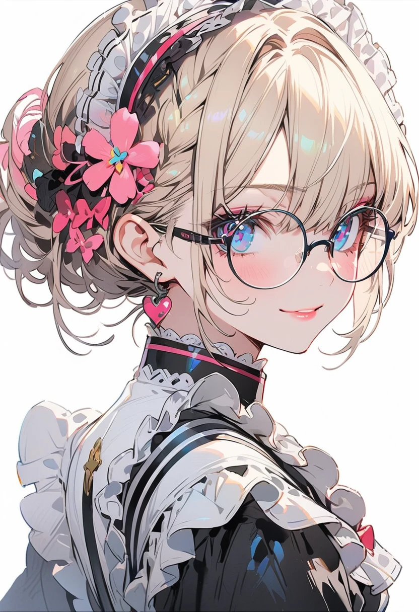 (Maid:1.5),(best quality,Extremely detailed,high resolution:1.2),beautiful girl,Exquisite makeup and perfect face, Long eyelashes, Detailed eyes and lips, A bright smile,Shiny Hair,(The cutest girl in the world:1.5),Exquisite makeup,Glasses