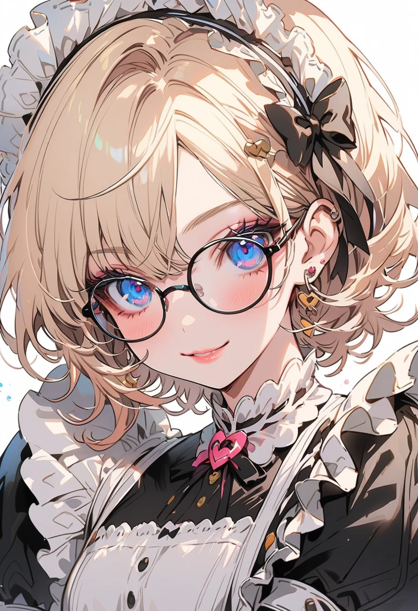 (Maid:1.5),(best quality,Extremely detailed,high resolution:1.2),beautiful girl,Exquisite makeup and perfect face, Long eyelashes, Detailed eyes and lips, A bright smile,Shiny Hair,(The cutest girl in the world:1.5),Exquisite makeup,Glasses