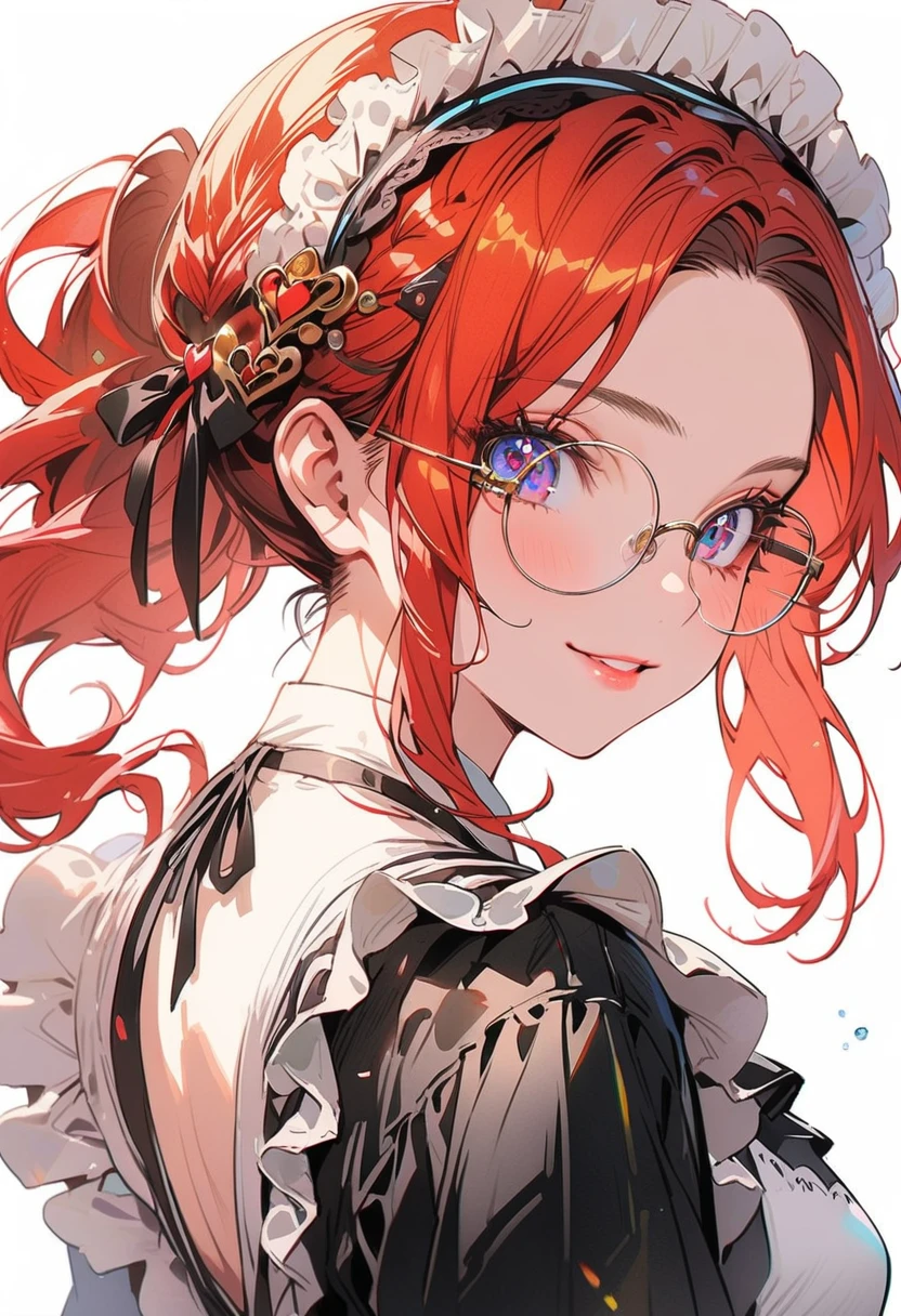 (Maid:1.5),(best quality,Extremely detailed,high resolution:1.2),beautiful girl,Exquisite makeup and perfect face, Long eyelashes, Detailed eyes and lips, A bright smile,Shiny Hair,(The cutest girl in the world:1.5),Exquisite makeup,Glasses