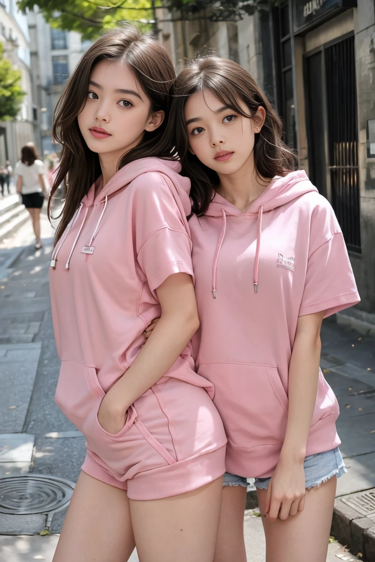 deux femmes ensemble de 18 ans sexy et mince , pink short sleeve hoodie , jambe visible , se touche,avec des pigeons qui se pose sur elles,position sensuel