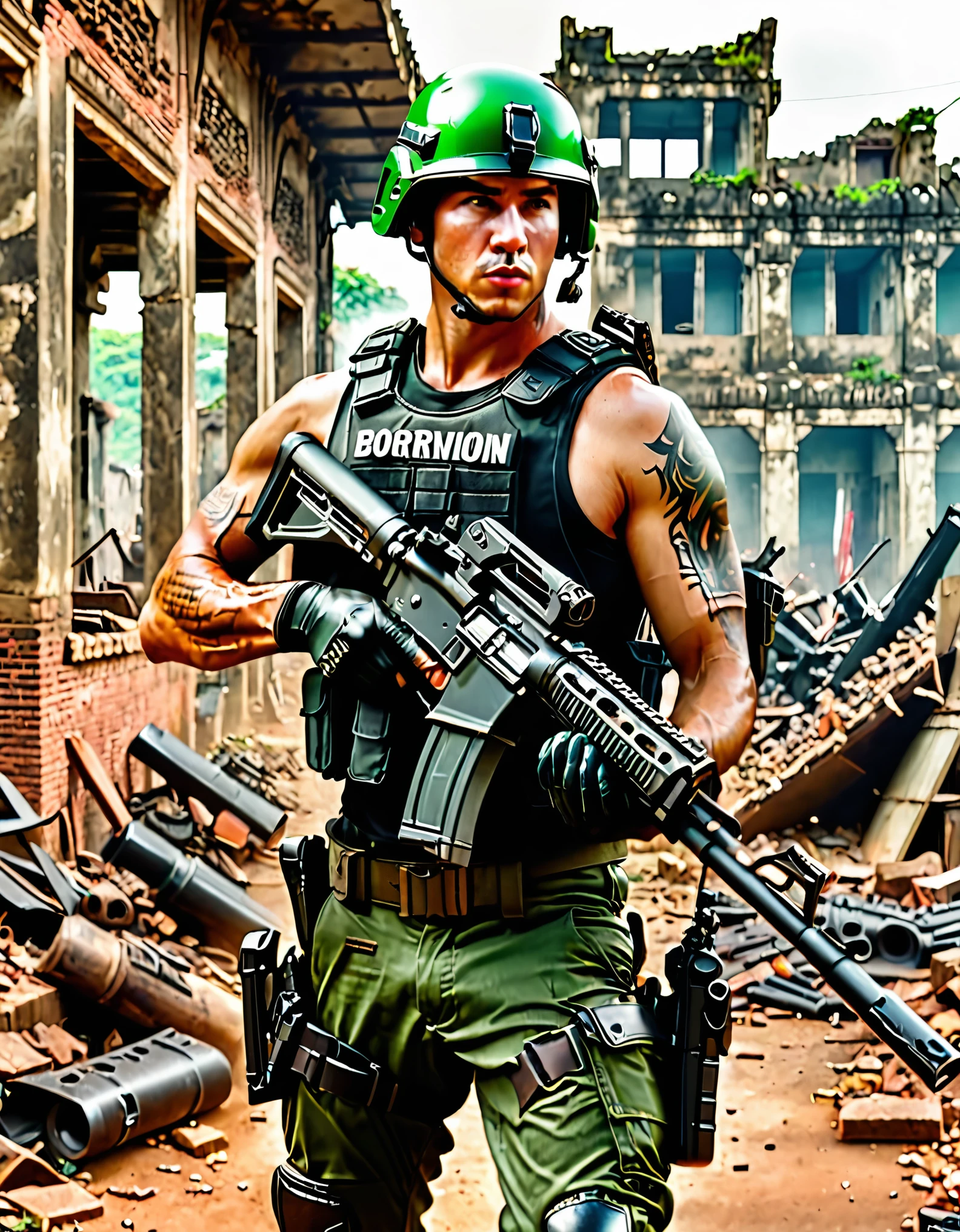(masterpiece), (best quality), highres, 1man, male focus, solo, solo focus. dark brown hair, short hair, crew cut, spiky hair, dark green eyes, sleeveless, tattoo. us soldier, jet black uniform, gloves, gun, handgun, holding gun, holding weapon, holster, holstered weapon, (load bearing vest, ammunition belt), pistol, thigh holster, (gunmetal black rifle, assault rifle, scope, suppressor). trigger discipline, weapon. vietnam city ruins, daytime, (green helmet with the text "Born to Kill"), gritty atmosphere.