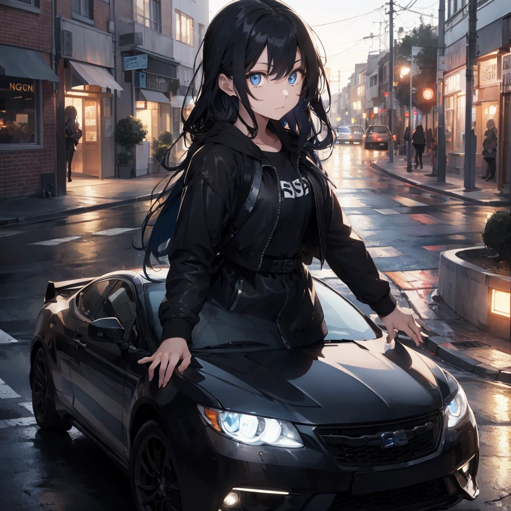 age woman ,long golden hair, blue eye,Wear black, Posing on car ,colored lights,Morning,street style,racer.