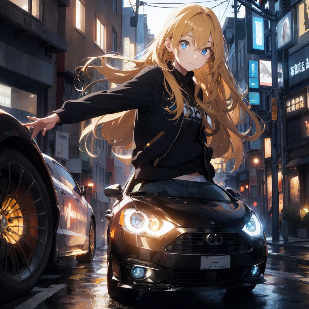 teenage woman ,long golden hair, blue eye,Wear black, Posing on  car ,colored lights,Morning,street style,racer.