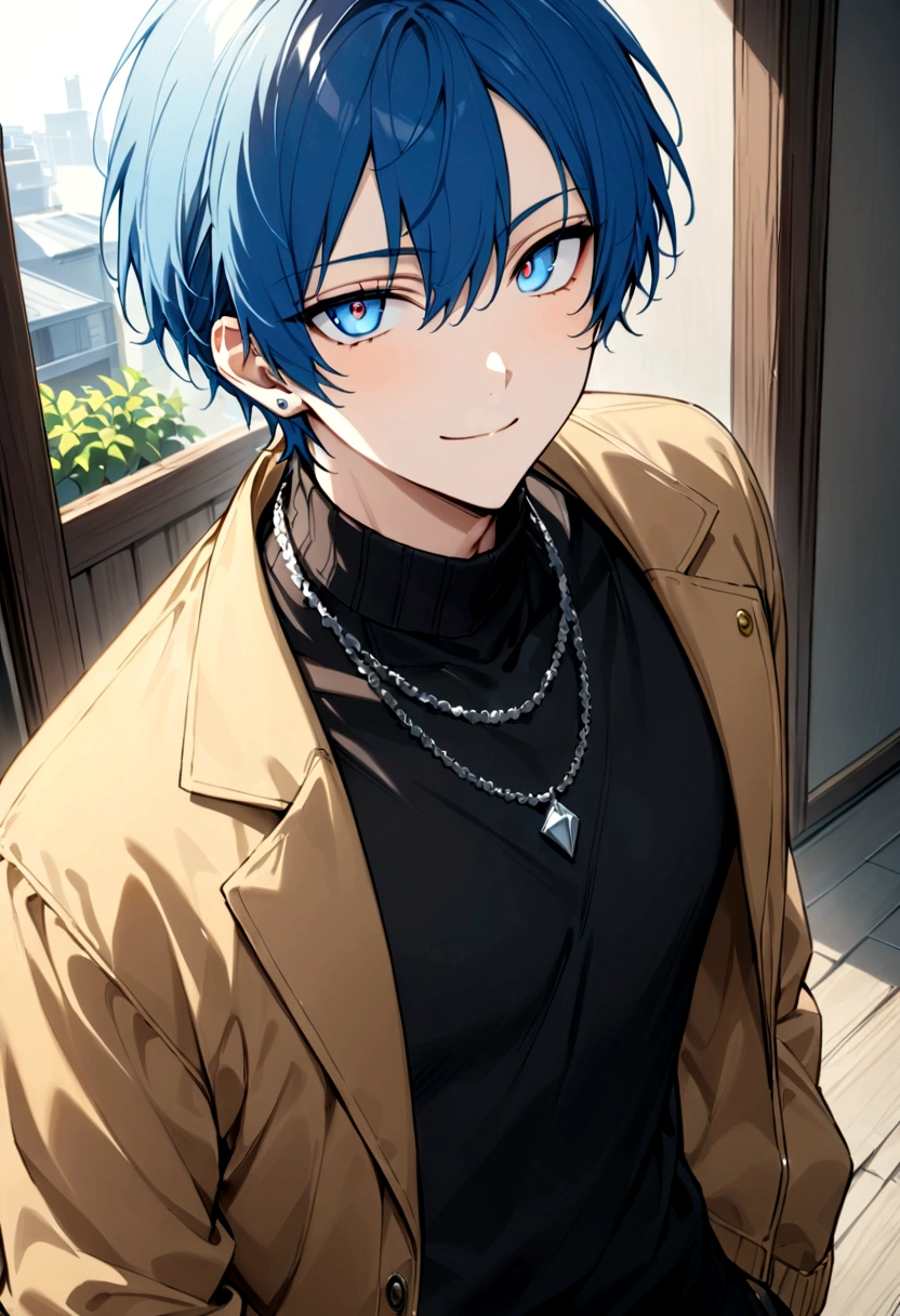 Streaming portrait、solo、Only one person、male、30 years old、front、View center、frontから、front、グレーのJacket、smile、Long earrings、イケメhmm、youth、イケメhmm、male、male性、Short Hair(masterpiece, best quality:1.2), 30 years old、White background、male性、Rin々Shii、Sharp eyes、、Black turtleneck、Black clothes、Blue Hair、blue eyes、whole body、White background、male性、Short Hair、front向き、hmm、Jacket、カーゴパhmmツfront向き、male、ネックレスmaleらShii服装、Silver necklace、