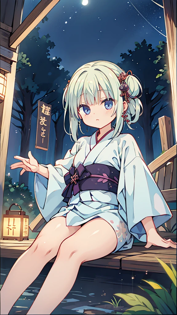 Night Sky、ruins、Sitting、Larger background、yukata、パンティが無い、